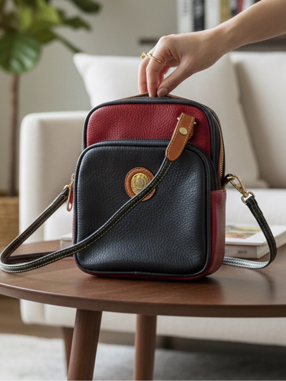 Vintage Alfred Sung Genuine Leather Colorblock Crossbody Bag Navy Red Cognac